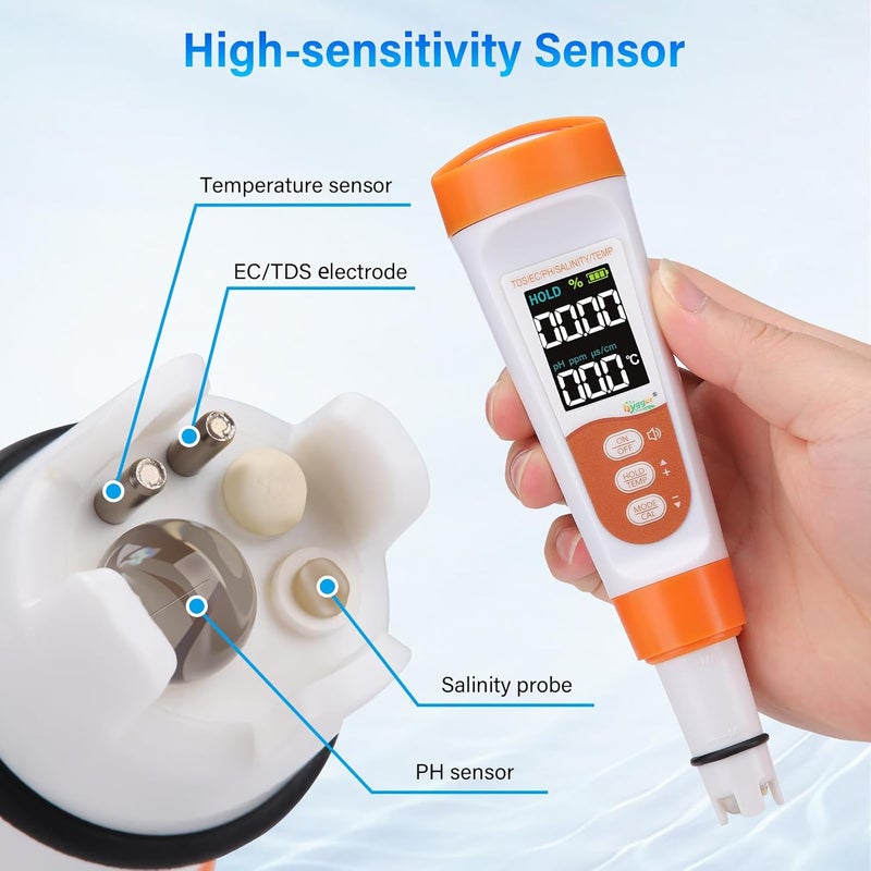 Hygger Pool Salt Tester & PH Meter, 5-in-1 Digital Pool Water Tester, High Accuracy Salinity PH Temp EC and TDS Saltwater Pool Test Kit for Aquarium Swimming Pool Hot Tub and Swim Spas - Image 2